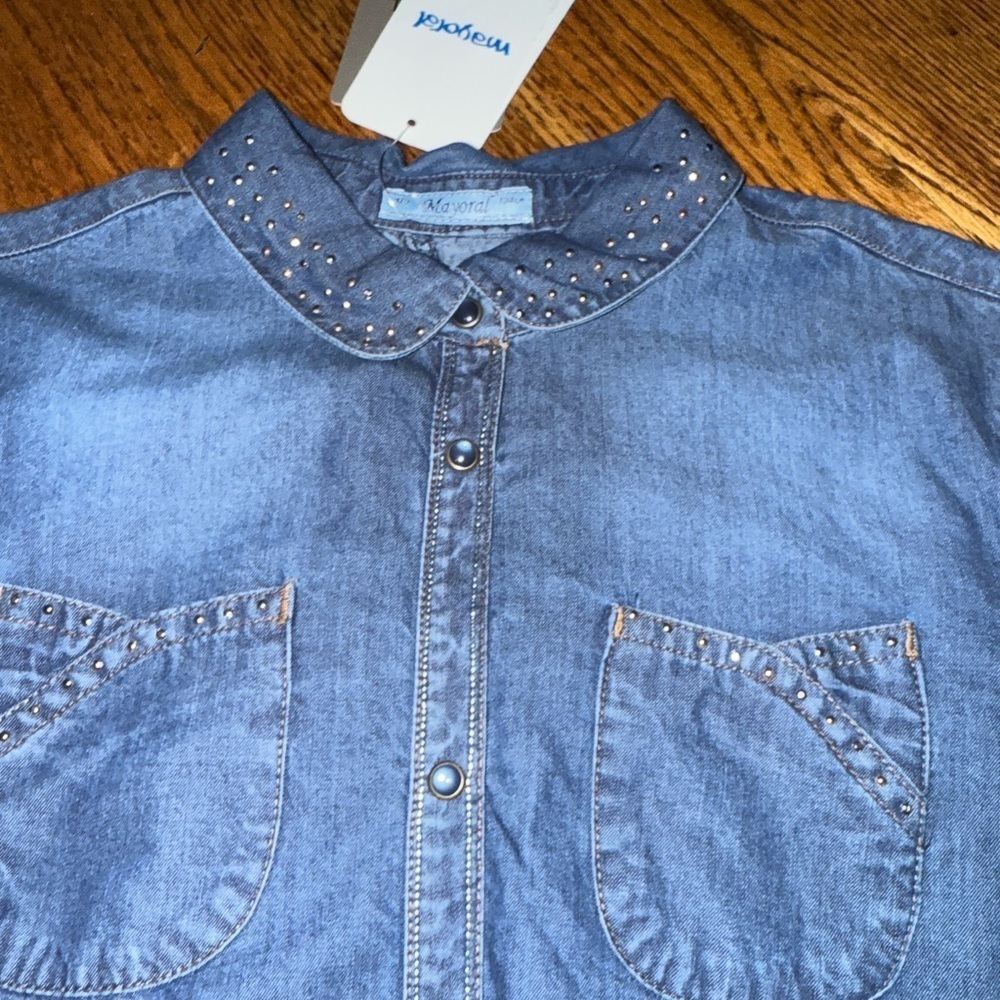 Mayoral girls denim button down shirt with stud details size 6 NWT